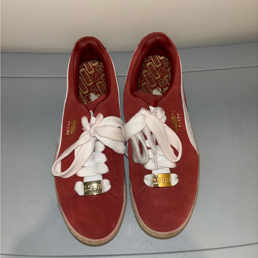 Puma Suede Classics. Size: US women’s 10. Red/Gold.